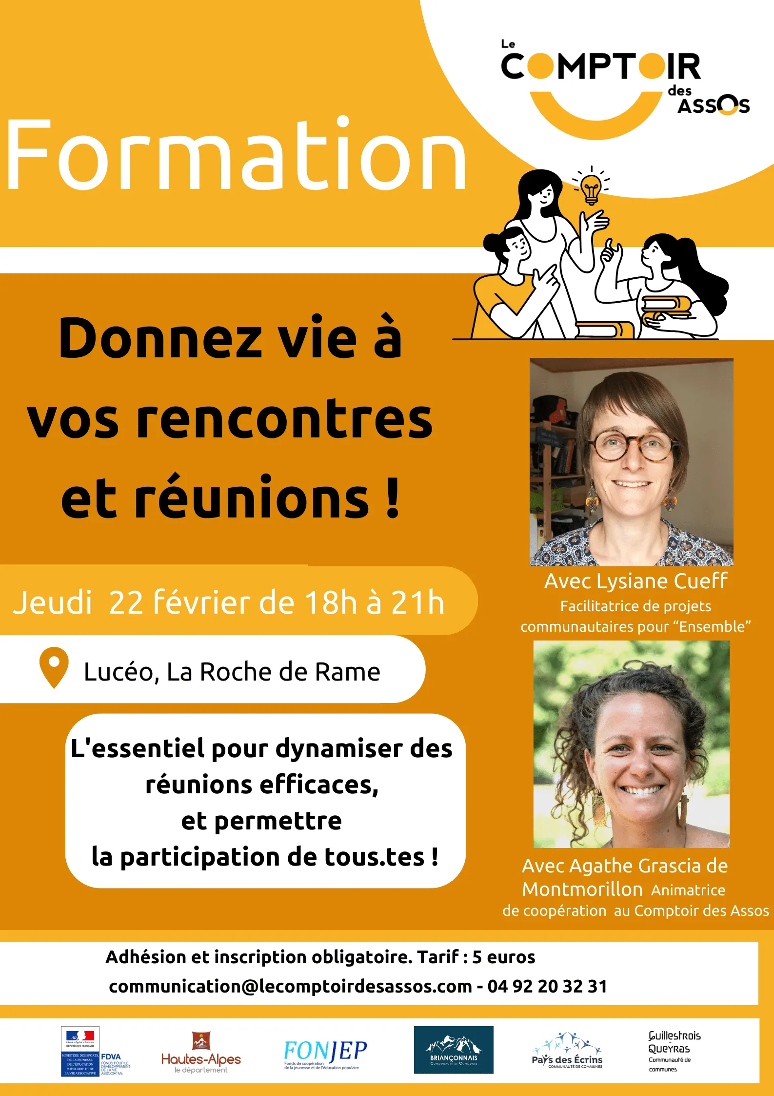 Affiche de la formation « Donnez vie à vos rencontres et réunions ! », jeudi 22 février de 18 h à 21 h, Lucéo, La Roche-de-Rame