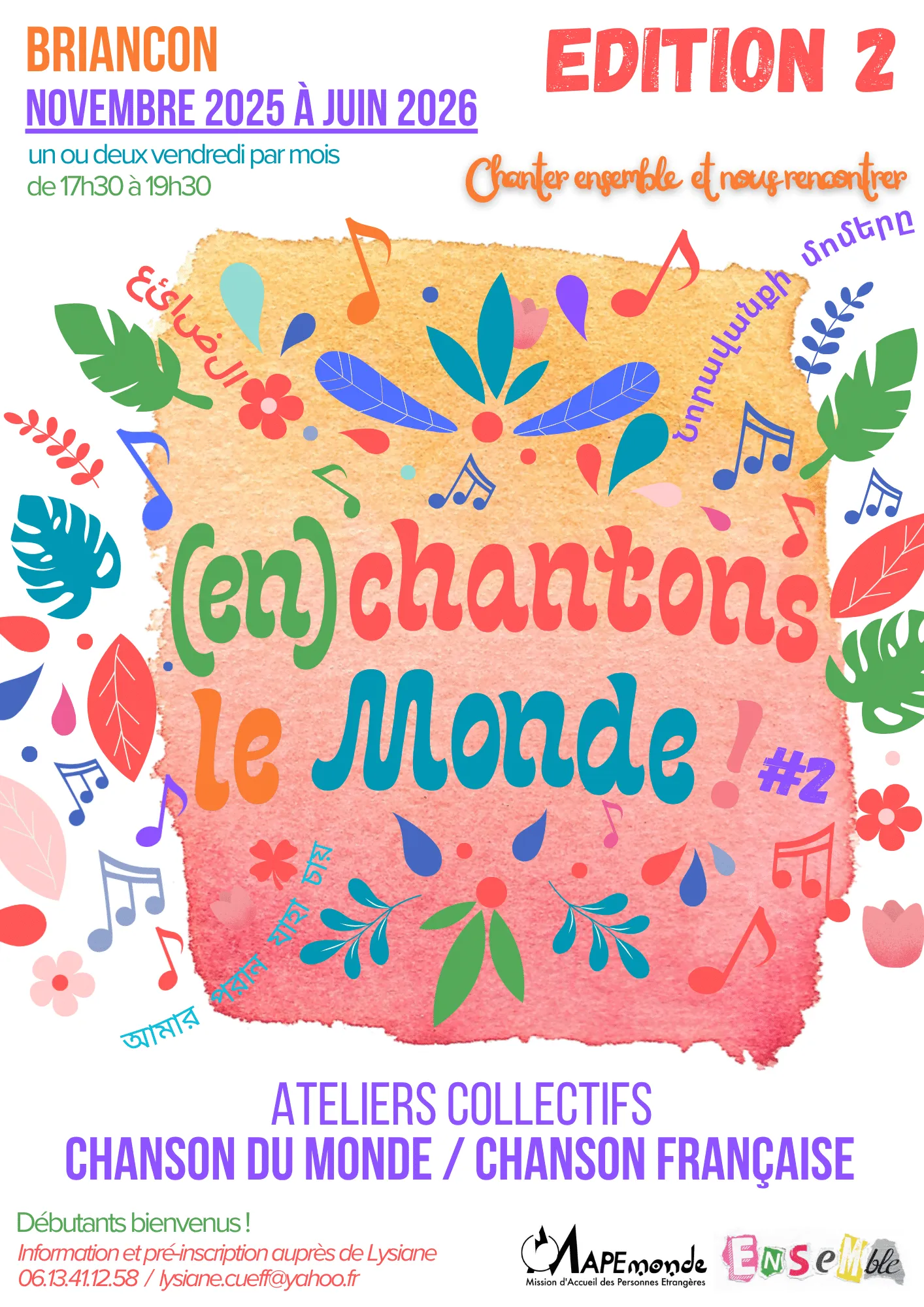 Affiche (en)chantons le monde #2 : ateliers collectifs de chanson du monde et de chanson française à Briançon, de novembre 2025 à juin 2026