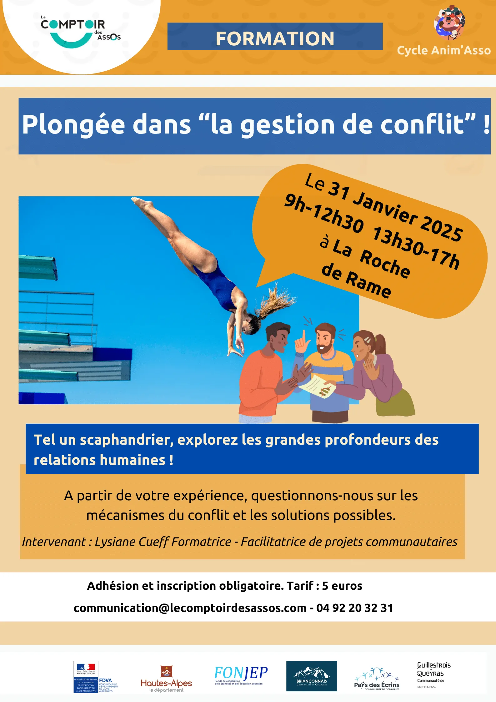Affiche de la formation « Plongée dans “la gestion de conflit” ! », le 31 janvier 2025 à La Roche-de-Rame, avec le Comptoir des Assos