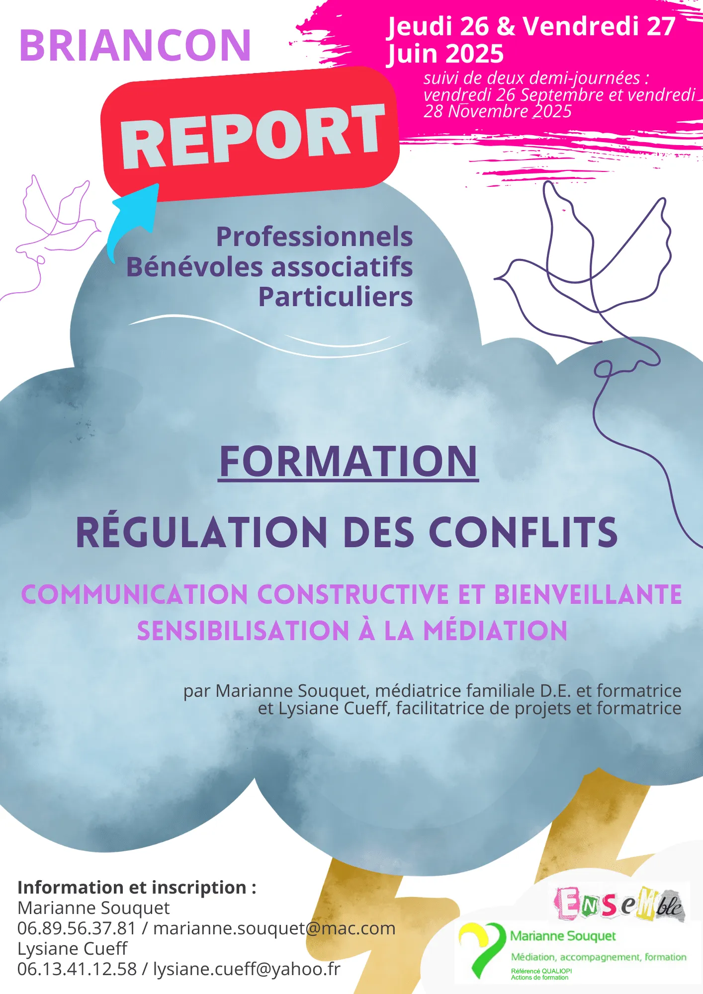 Affiche de la formation « Régulation des conflits : communication constructive et bienveillante, sensibilisation à la médiation », par Marianne Souquet et Lysiane Cueff à Briançon