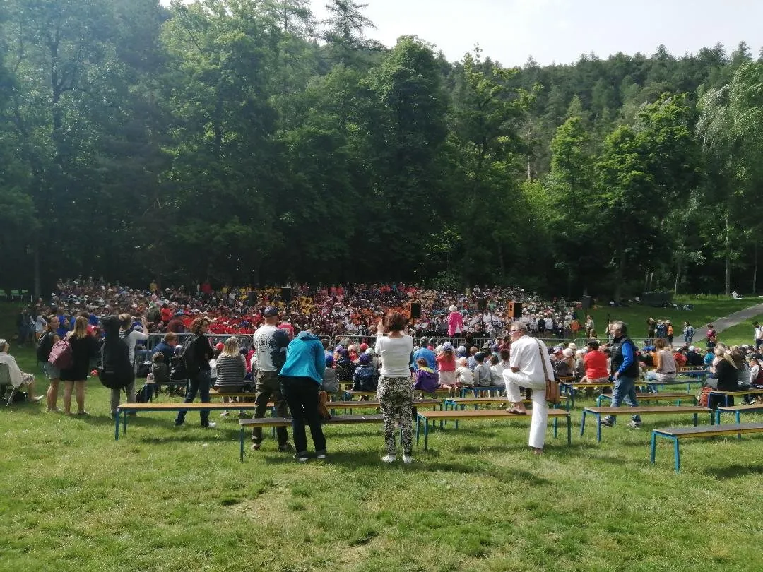 Un grand rassemblement de choristes sur une pelouse bordée de sapins