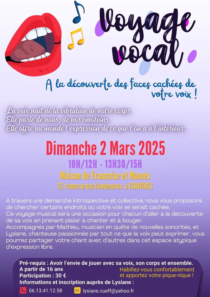 Affiche du stage « Voyage vocal, à la découverte des faces cachées de votre voix », dimanche 2 mars 2025 à Cervières